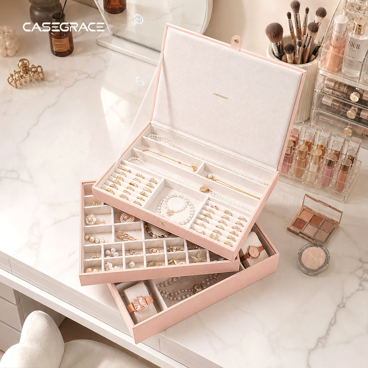 CASEGRACE 3-Tier Huge Jewelry Box, Removable Dividers Jewelry Storage Organizer for Rings Necklaces Earrings Watches