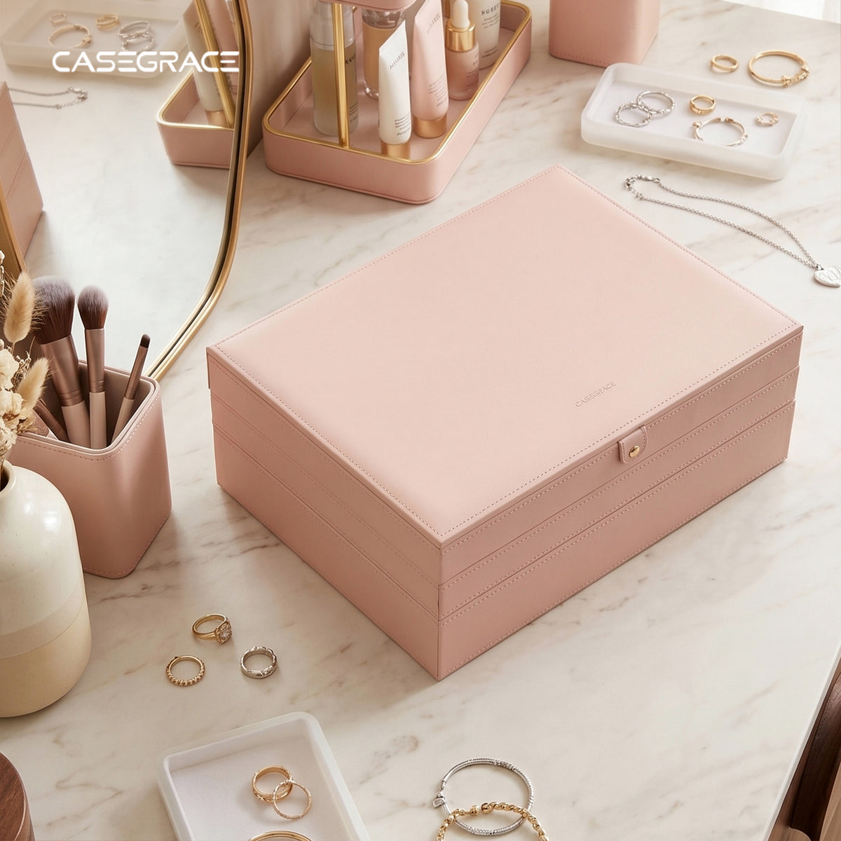 CASEGRACE 3-Tier Huge Jewelry Box, Removable Dividers Jewelry Storage Organizer for Rings Necklaces Earrings Watches
