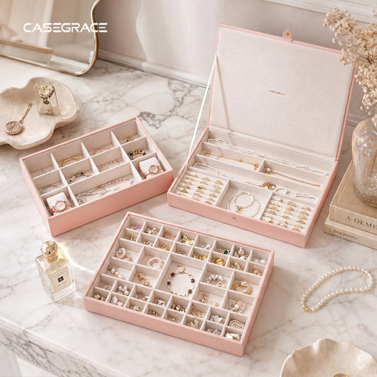CASEGRACE 3-Tier Huge Jewelry Box, Removable Dividers Jewelry Storage Organizer for Rings Necklaces Earrings Watches
