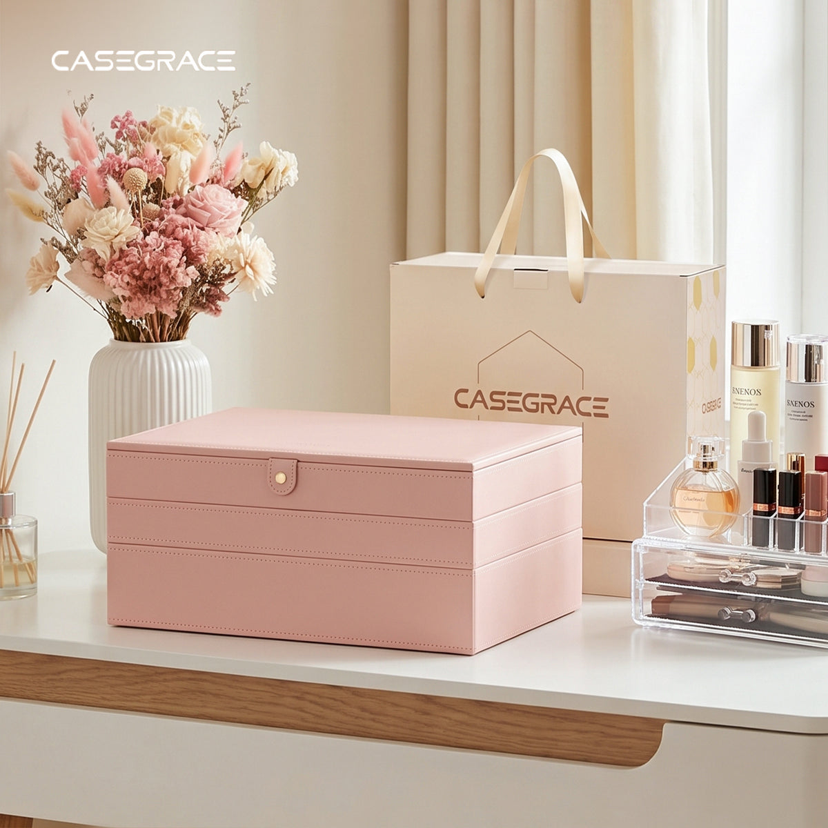 CASEGRACE 3-Tier Huge Jewelry Box, Removable Dividers Jewelry Storage Organizer for Rings Necklaces Earrings Watches