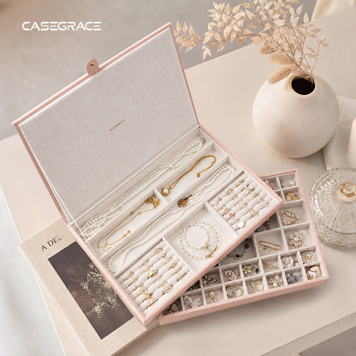 CASEGRACE 3-Tier Huge Jewelry Box, Removable Dividers Jewelry Storage Organizer for Rings Necklaces Earrings Watches