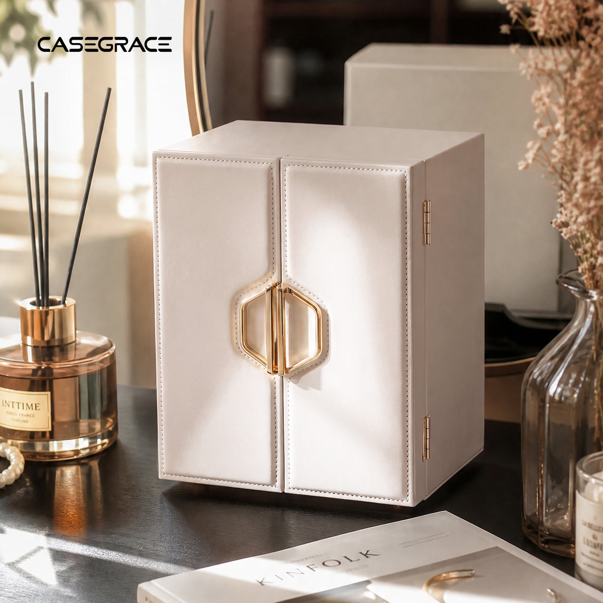 CASEGRACE Double Door Jewelry Box, 5-Tier Large Jewelry Organizer Cabinet with Removable Dividers for Necklaces Rings Earrings Watches Women Gift