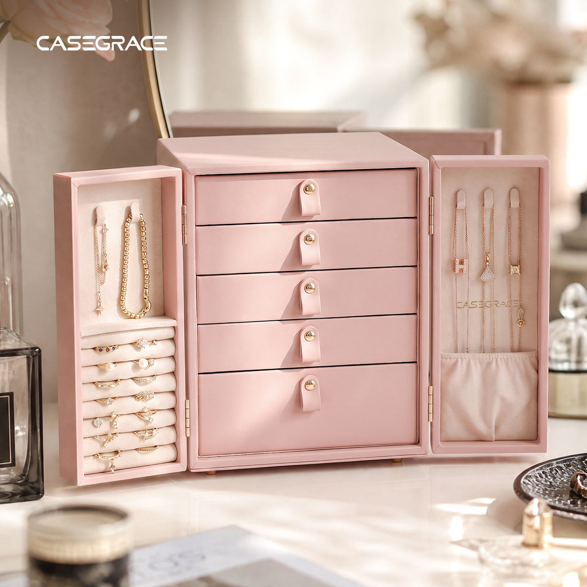 CASEGRACE Double Door Jewelry Box, 5-Tier Large Jewelry Organizer Cabinet with Removable Dividers for Necklaces Rings Earrings Watches Women Gift