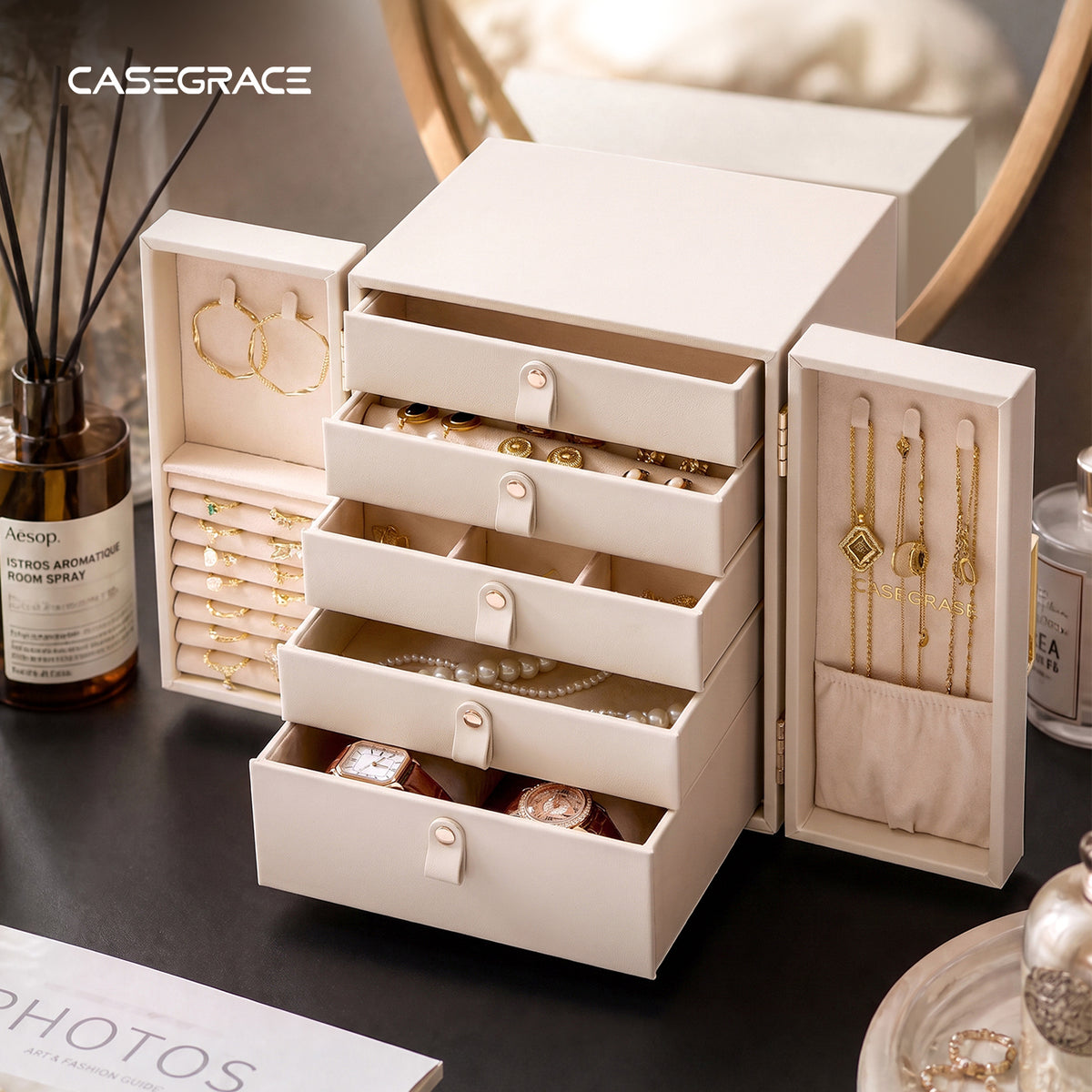 CASEGRACE Double Door Jewelry Box, 5-Tier Large Jewelry Organizer Cabinet with Removable Dividers for Necklaces Rings Earrings Watches Women Gift