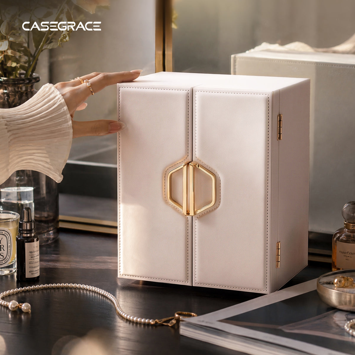 CASEGRACE Double Door Jewelry Box, 5-Tier Large Jewelry Organizer Cabinet with Removable Dividers for Necklaces Rings Earrings Watches Women Gift