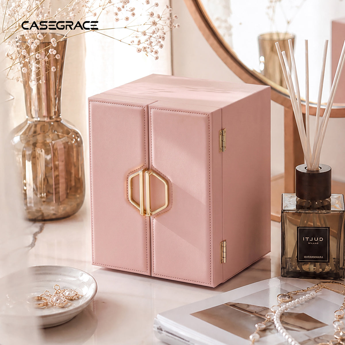 CASEGRACE Double Door Jewelry Box, 5-Tier Large Jewelry Organizer Cabinet with Removable Dividers for Necklaces Rings Earrings Watches Women Gift