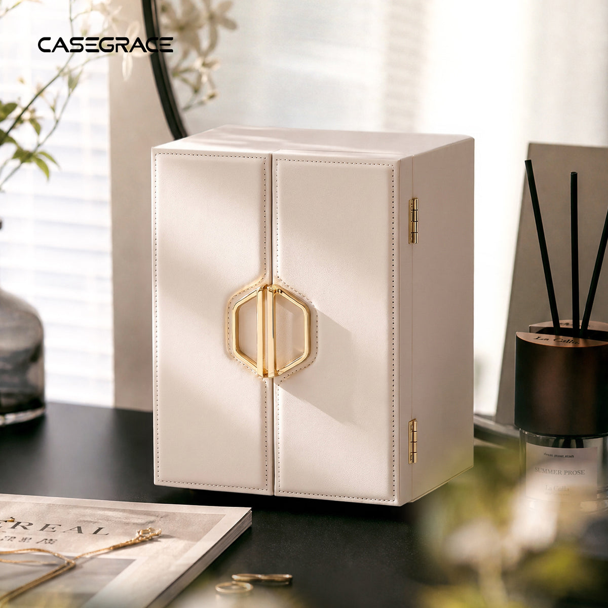 CASEGRACE Double Door Jewelry Box, 5-Tier Large Jewelry Organizer Cabinet with Removable Dividers for Necklaces Rings Earrings Watches Women Gift