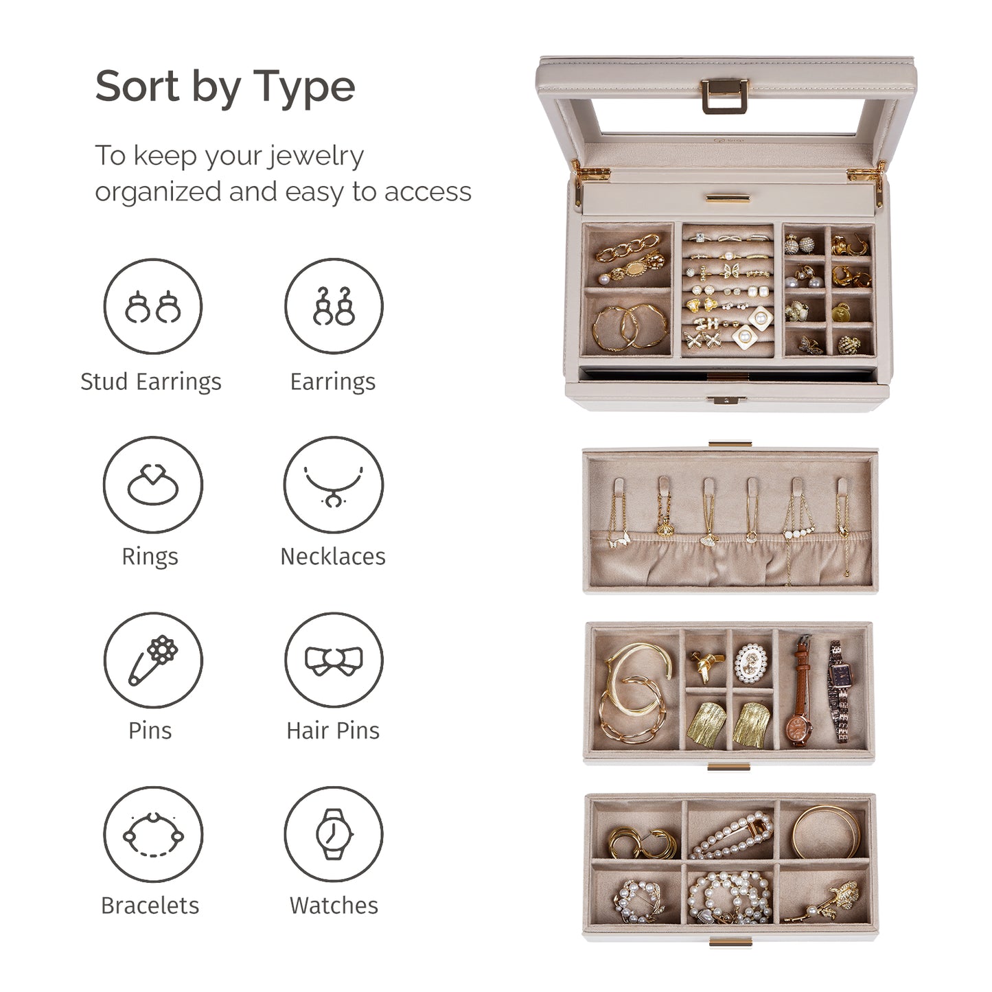 Jewelry Box with Glass Window, 3-Tier Jewelry Organizer with 2 Drawers