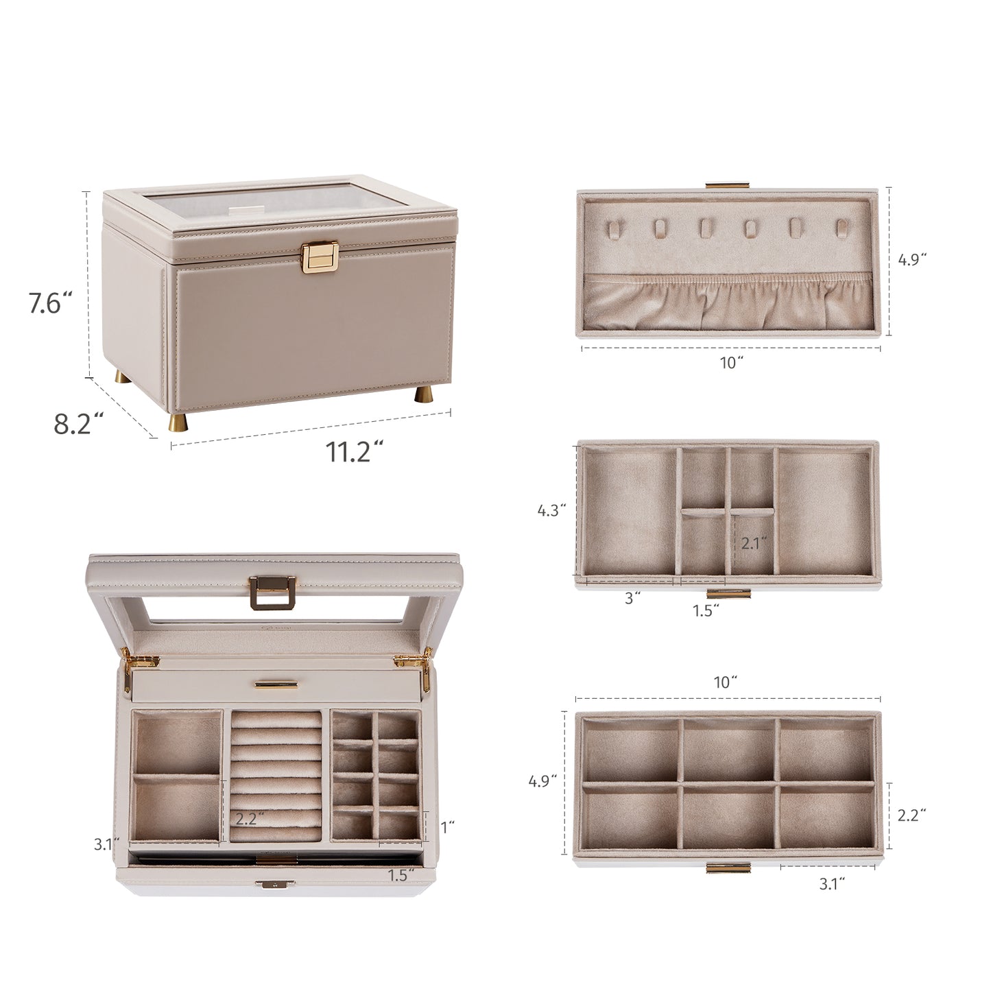 Jewelry Box with Glass Window, 3-Tier Jewelry Organizer with 2 Drawers