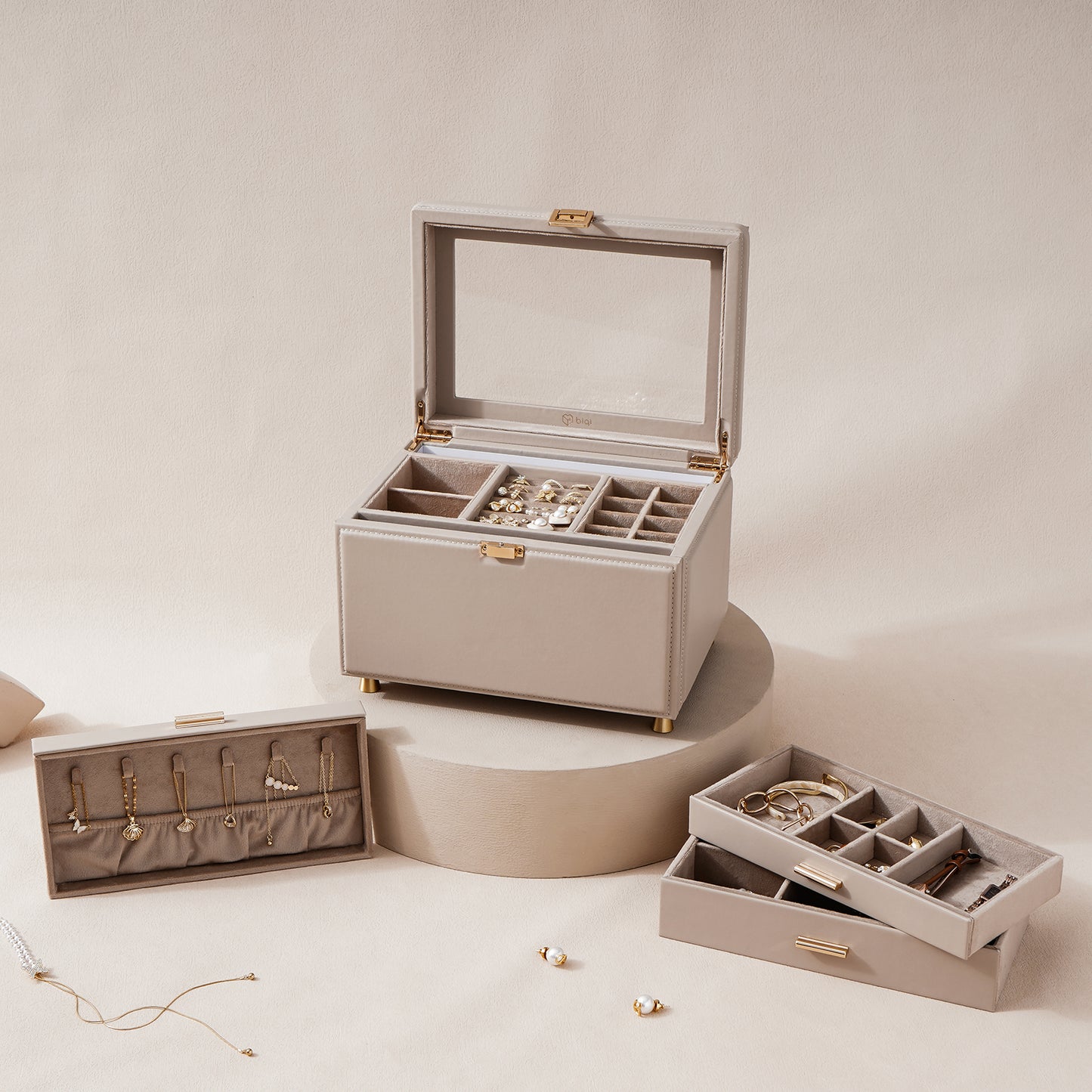 Jewelry Box with Glass Window, 3-Tier Jewelry Organizer with 2 Drawers
