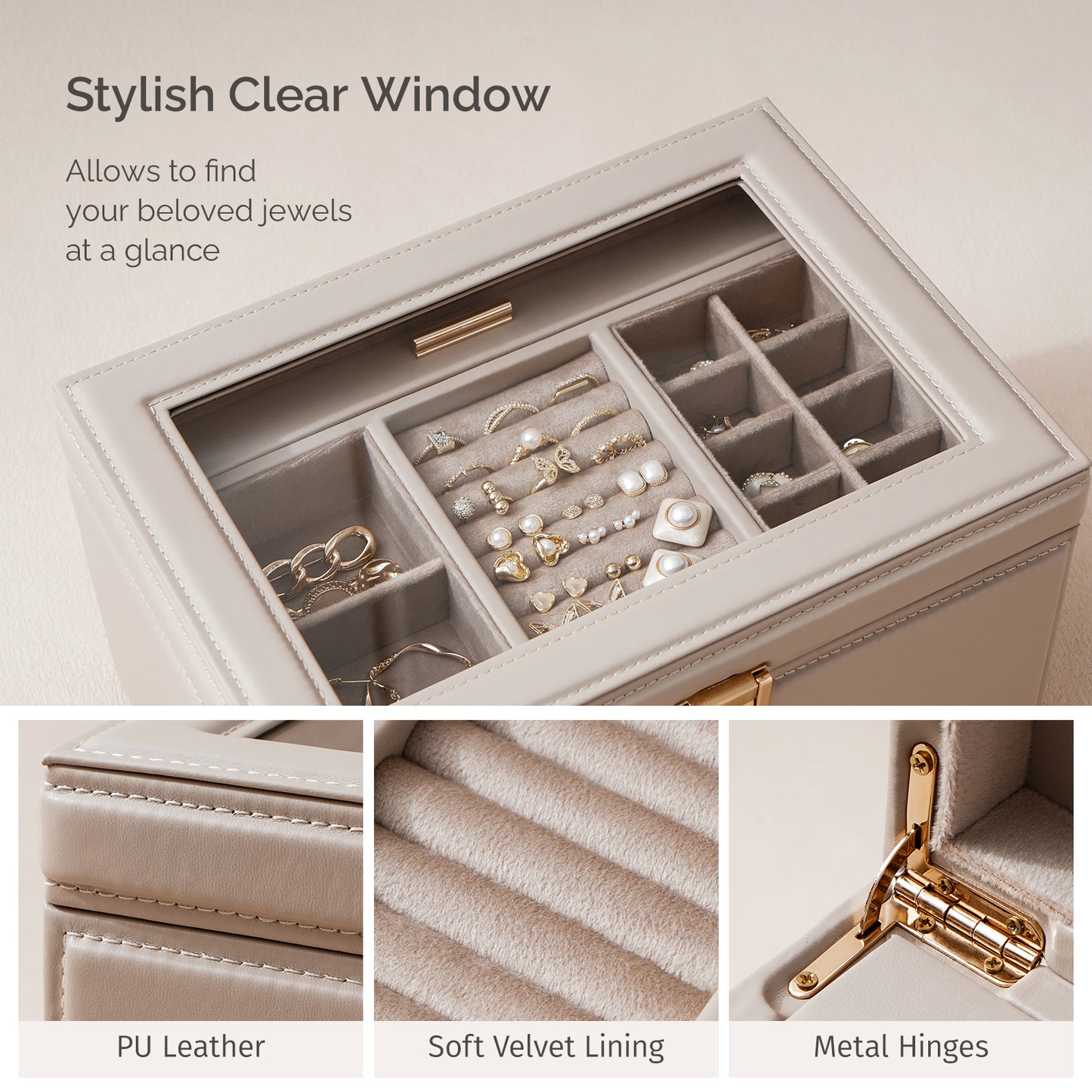 Jewelry Box with Glass Window, 3-Tier Jewelry Organizer with 2 Drawers