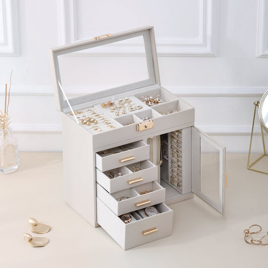 CASEGRACE Large Jewelry Box, 5-Layer Jewelry Organizer 4 Drawers with Rounded 360° Rotating Necklace Holder