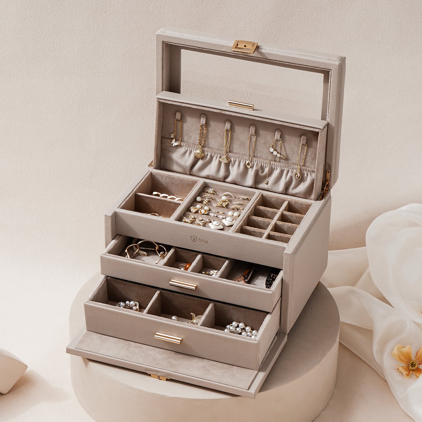 Jewelry Box with Glass Window, 3-Tier Jewelry Organizer with 2 Drawers