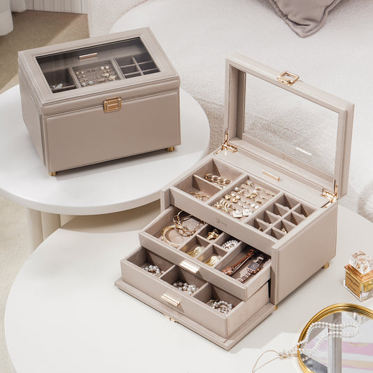 Jewelry Box with Glass Window, 3-Tier Jewelry Organizer with 2 Drawers