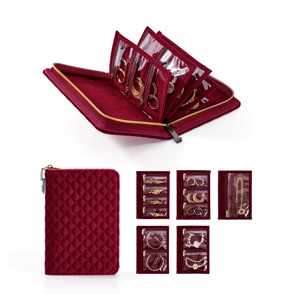 CASEGRACE Velvet Travel Jewelry Book with Combination Lock, Removable Zipper Pouch Jewelry Organizer