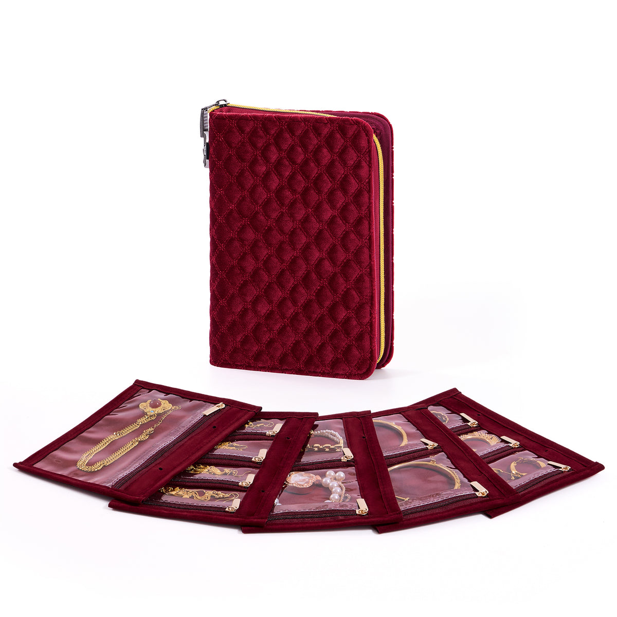 CASEGRACE Velvet Travel Jewelry Book with Combination Lock, Removable Zipper Pouch Jewelry Organizer