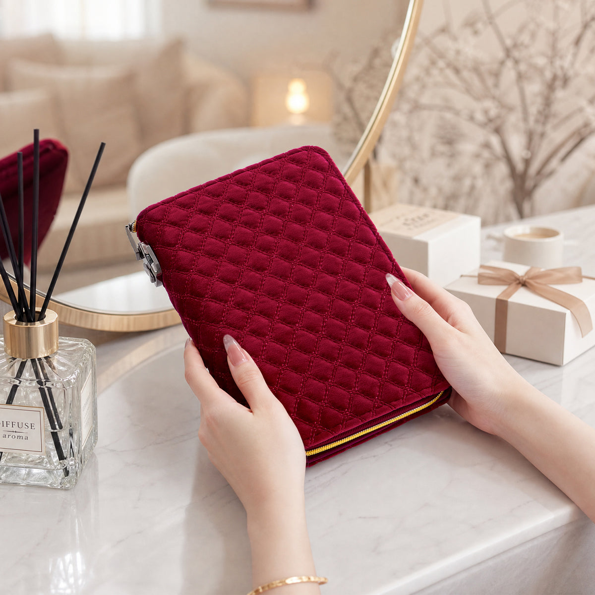 CASEGRACE Velvet Travel Jewelry Book with Combination Lock, Removable Zipper Pouch Jewelry Organizer