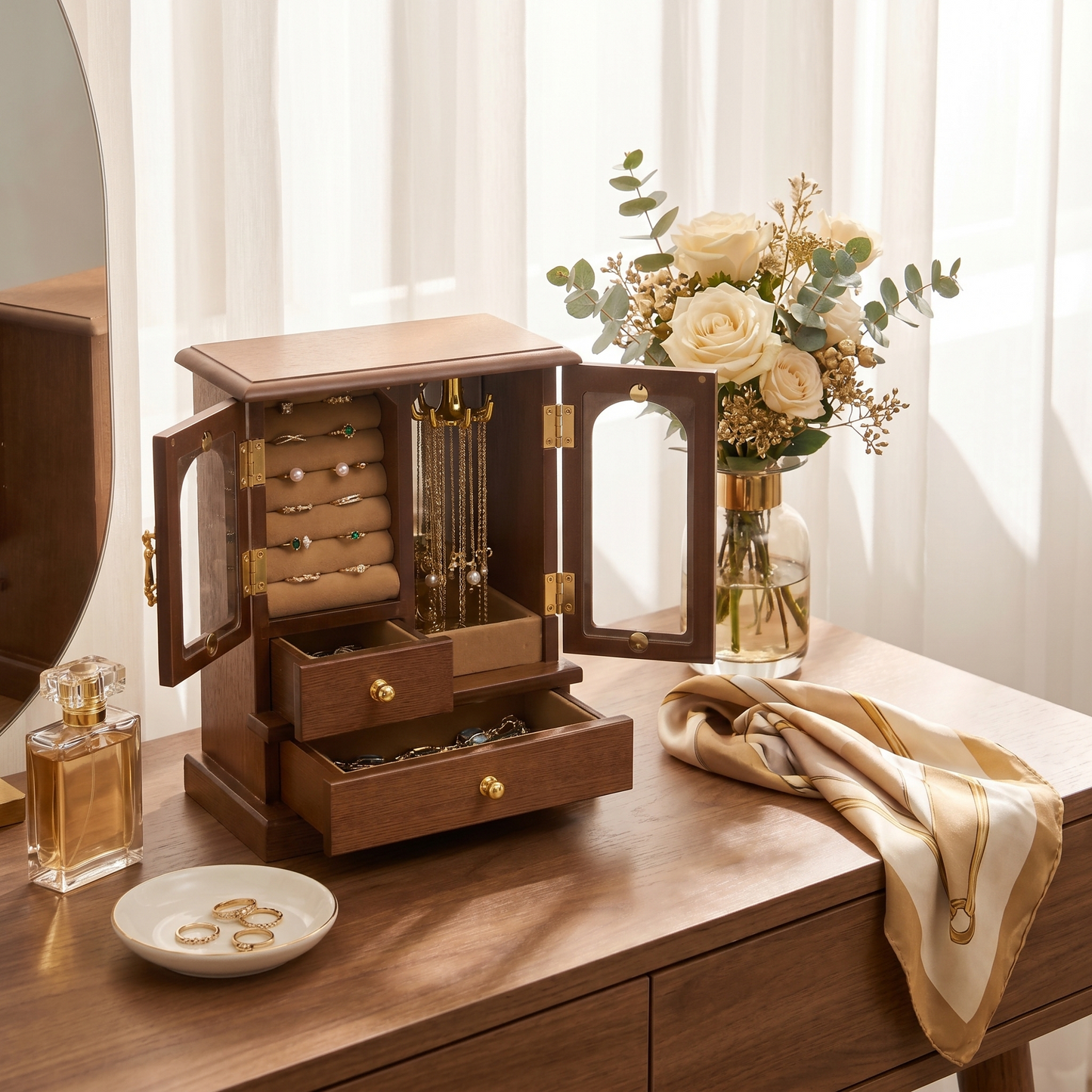 Casegrace Retro Wood Jewelry Cabinet, Rotatable Necklace Hanger Multi‑Compartment Jewelry Storage Organizer