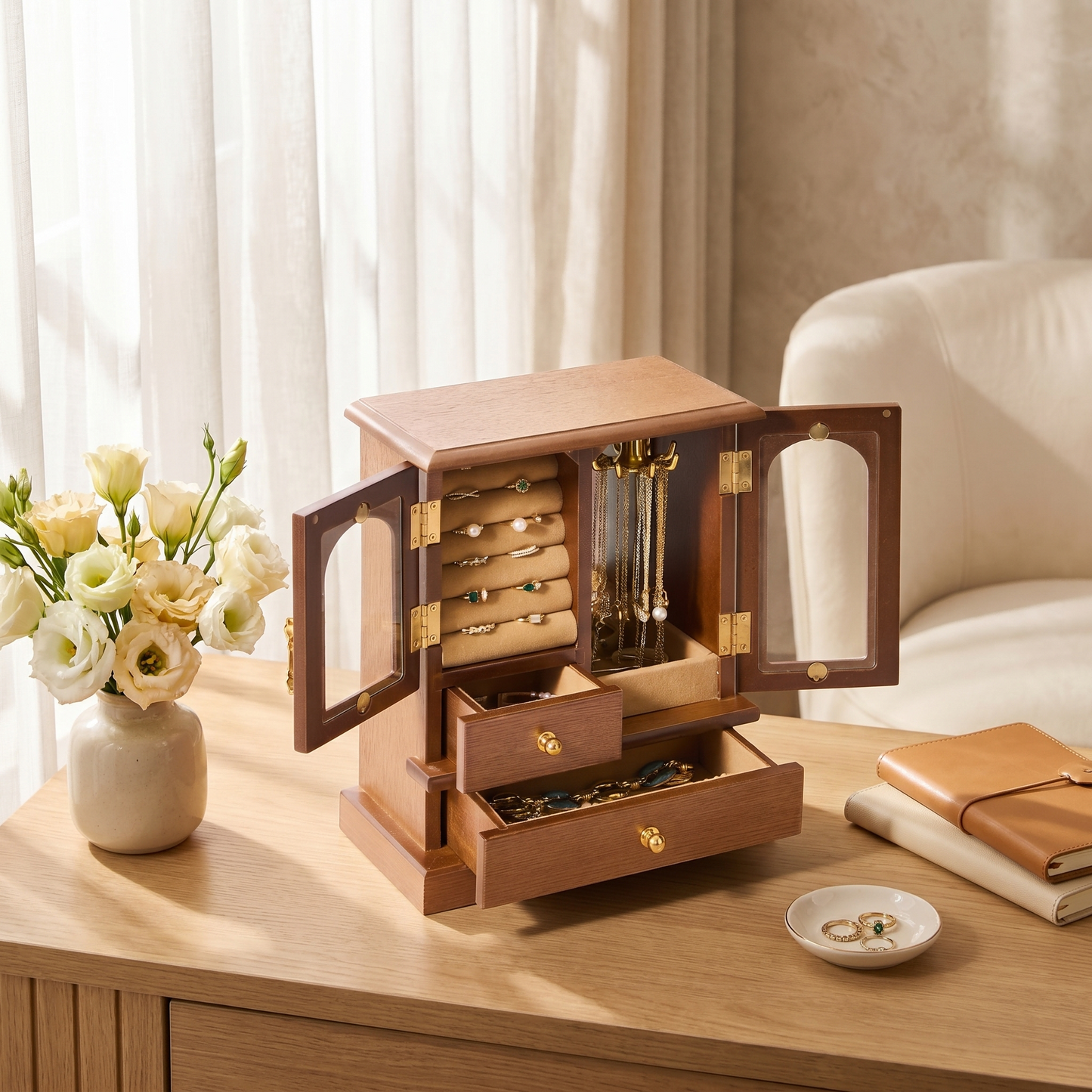 Casegrace Retro Wood Jewelry Cabinet, Rotatable Necklace Hanger Multi‑Compartment Jewelry Storage Organizer