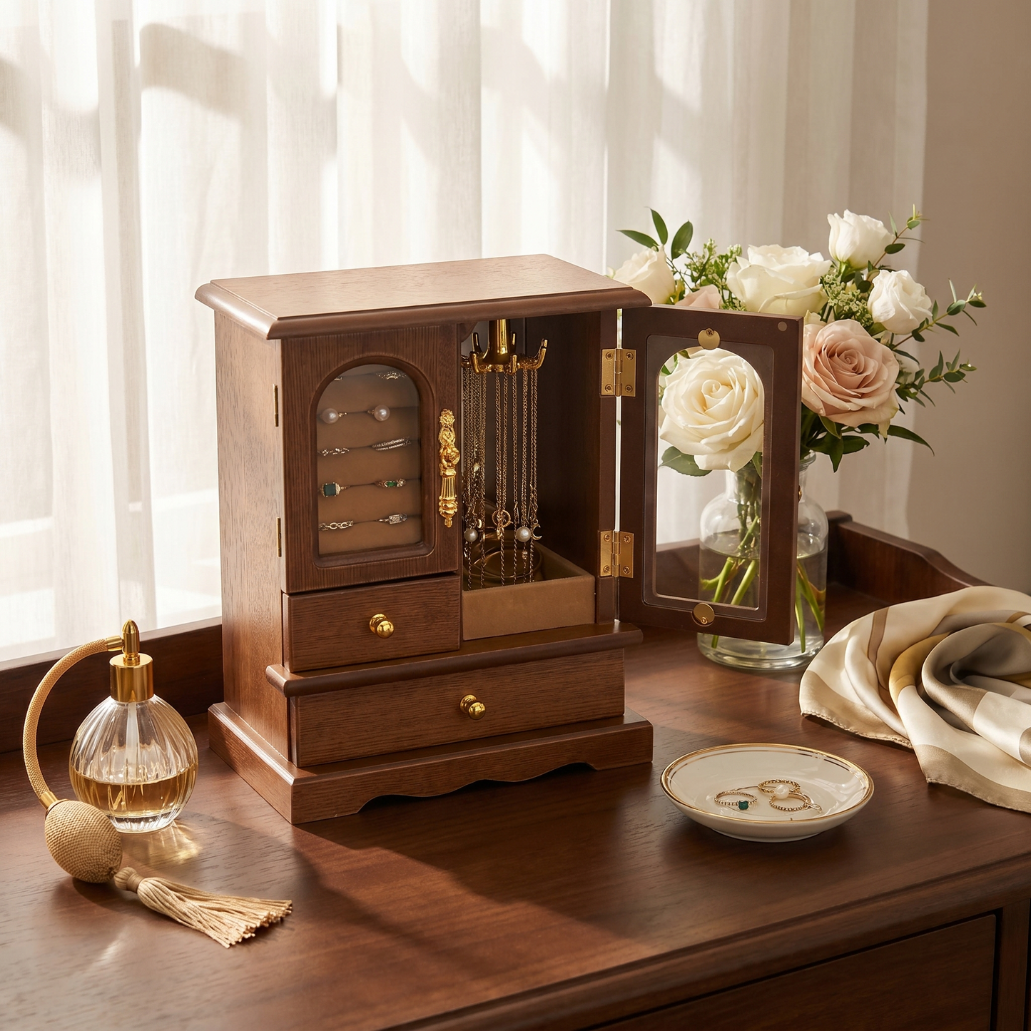 Casegrace Retro Wood Jewelry Cabinet, Rotatable Necklace Hanger Multi‑Compartment Jewelry Storage Organizer
