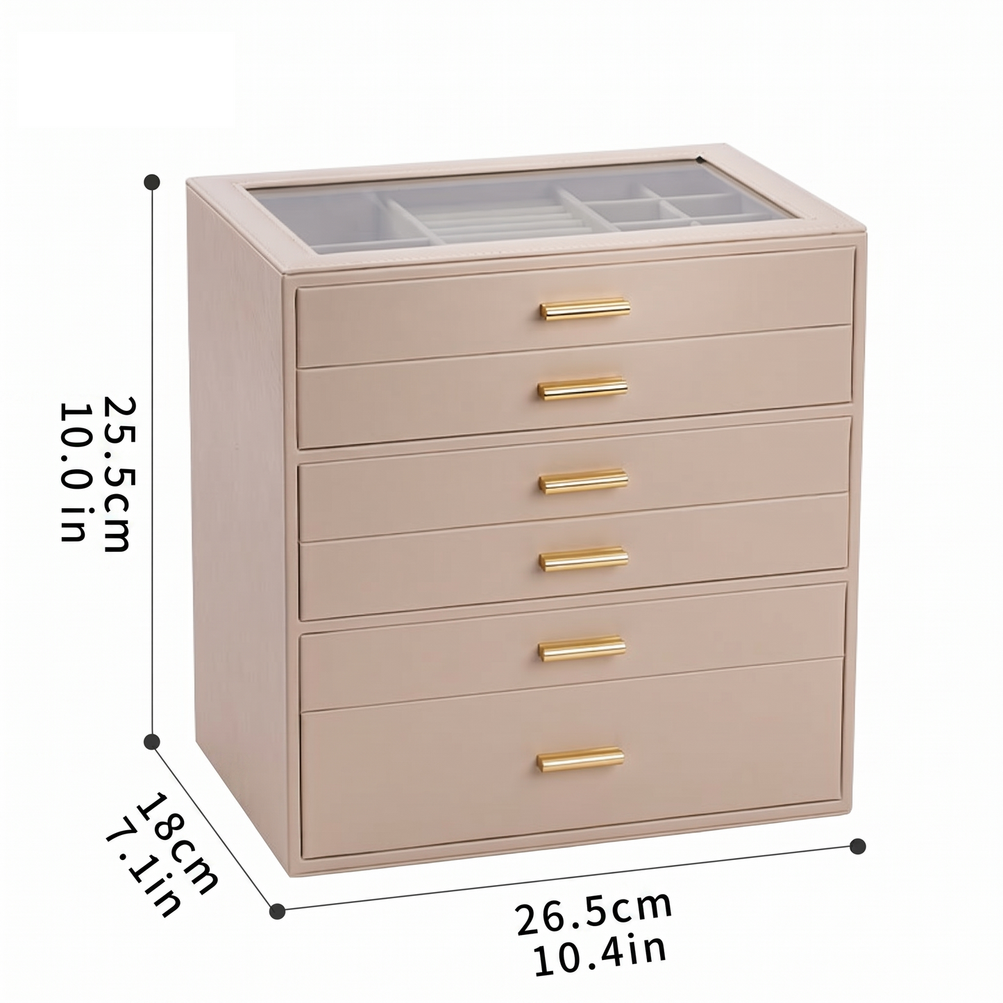 Casegrace 6 Drawer Huge Jewelry Box with Clear Glass Top, PU Leather Vanity Jewel Organizer Gift for Her Mom Bridesmaid