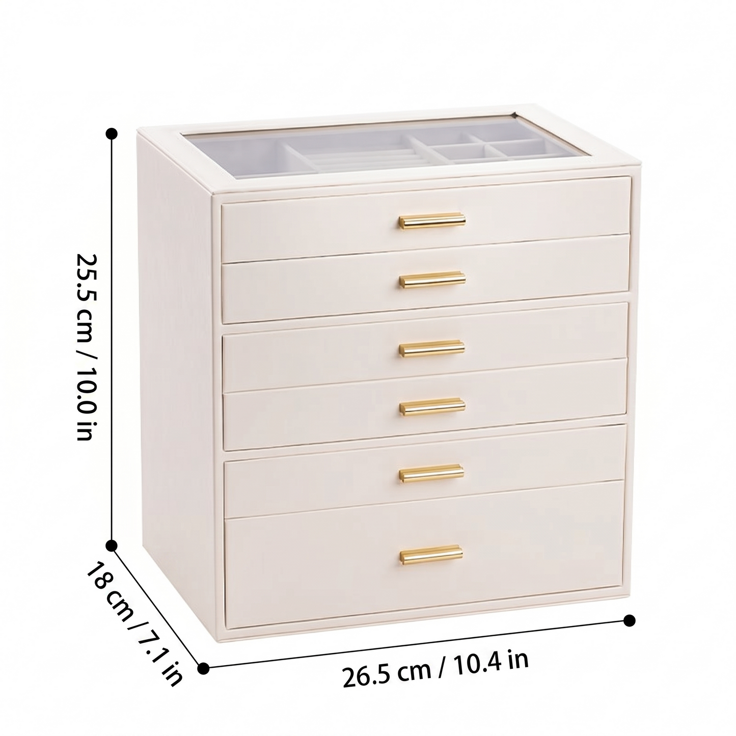 Casegrace 6 Drawer Huge Jewelry Box with Clear Glass Top, PU Leather Vanity Jewel Organizer Gift for Her Mom Bridesmaid