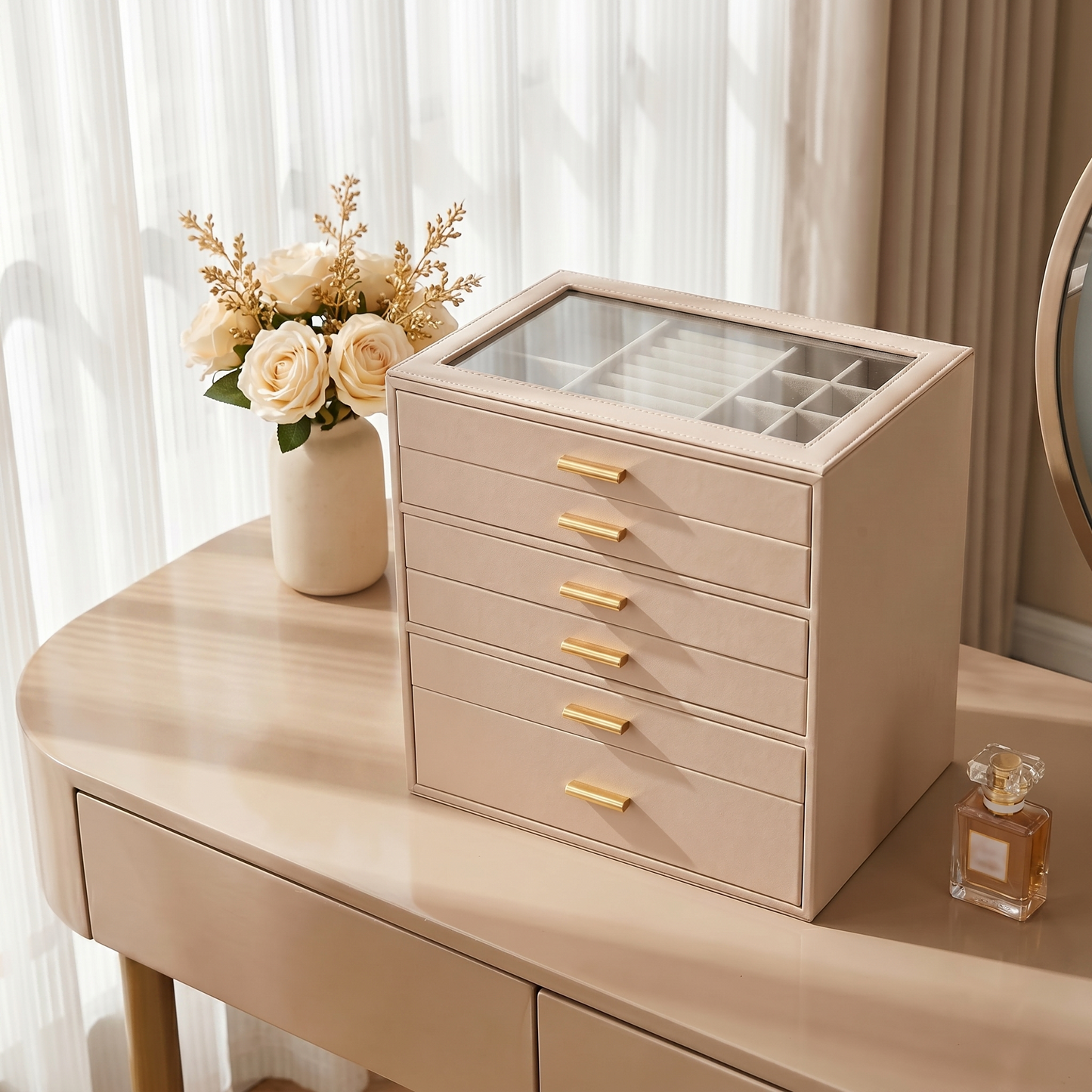 Casegrace 6 Drawer Huge Jewelry Box with Clear Glass Top, PU Leather Vanity Jewel Organizer Gift for Her Mom Bridesmaid