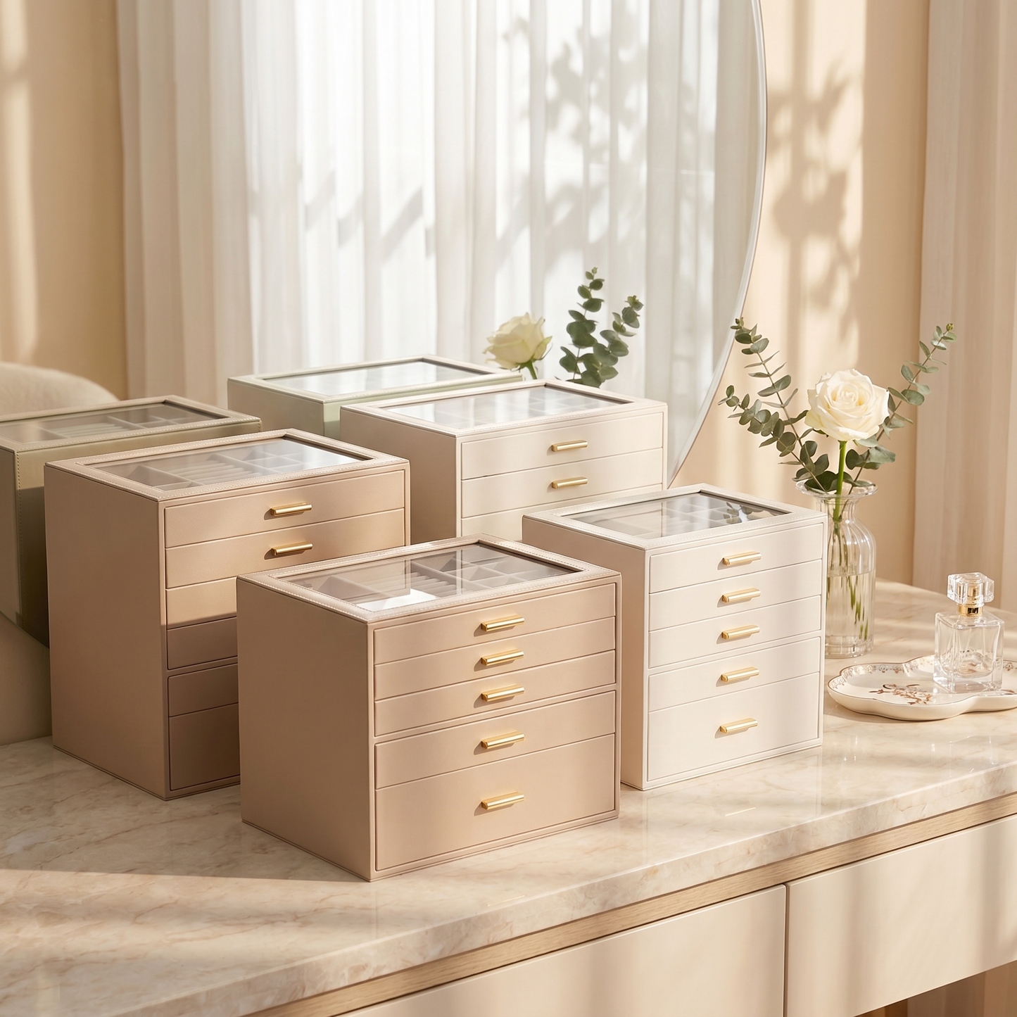 Casegrace 6 Drawer Huge Jewelry Box with Clear Glass Top, PU Leather Vanity Jewel Organizer Gift for Her Mom Bridesmaid