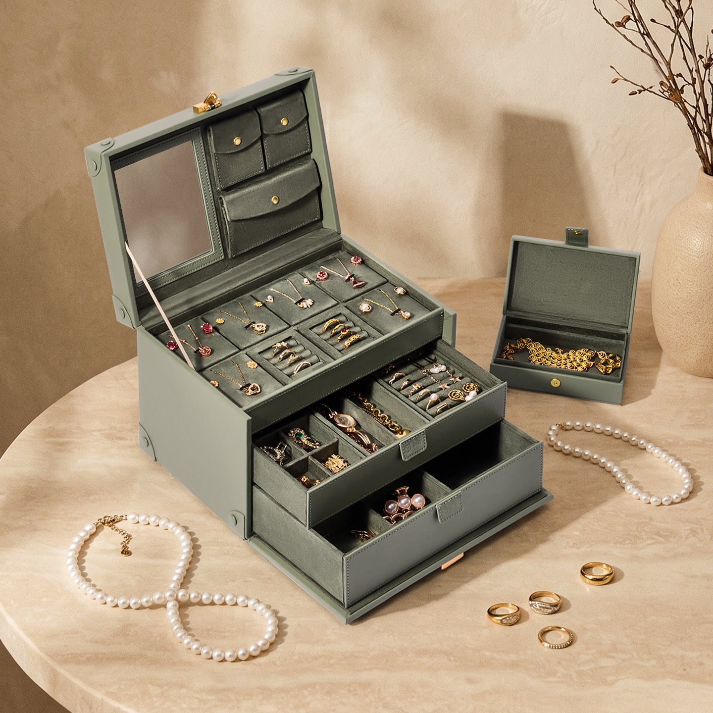 Casegrace Vintage Huge Jewelry Case, Built-in Mirror, With Modular Travel Jewelry Organizer