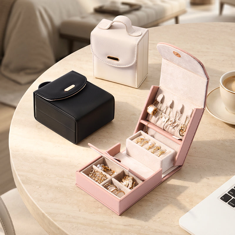 Casegrace Tri‑Fold Portable Handle Travel Jewelry Box, PU Leather Jewelry Organizer