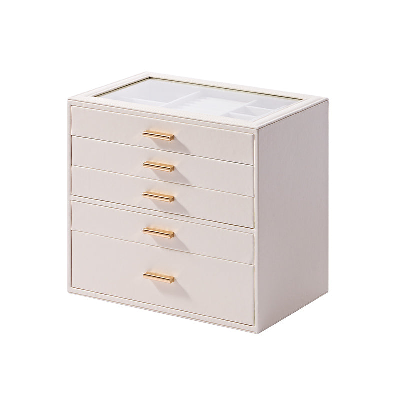 Casegrace 6 Drawer Large PU Leather Jewelry Storage Box with Clear Glass Top, Jewelry Organizer Case for Rings Earrings Necklaces Bracelets Watches