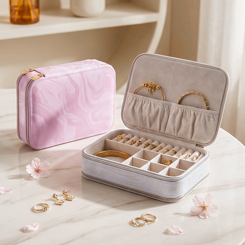 Casegrace Portable Travel Jewelry Box, Dual-Side Double Zipper Storage Layout Jewelry Organizer Case for Rings Earrings Necklaces Bracelets
