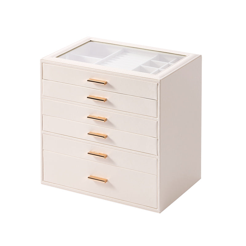 Casegrace 6 Drawer Large PU Leather Jewelry Storage Box with Clear Glass Top, Jewelry Organizer Case for Rings Earrings Necklaces Bracelets Watches