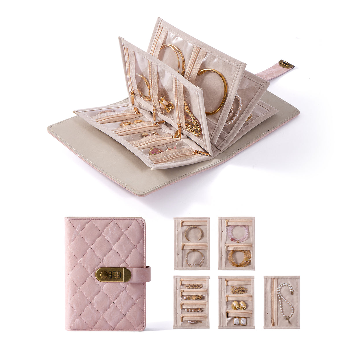 CASEGRACE Quilted PU Leather Jewelry Binder Book with Combination Lock, Removable Zipper Pouches Travel Jewelry Organizer