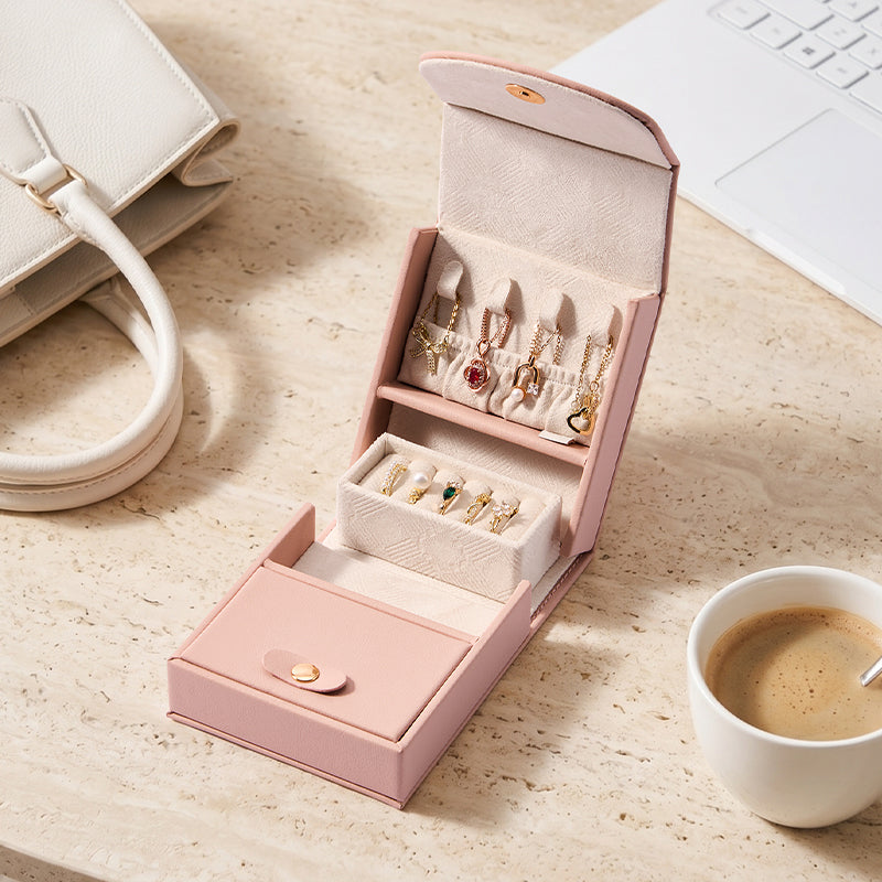 Casegrace Tri‑Fold Portable Handle Travel Jewelry Box, PU Leather Jewelry Organizer