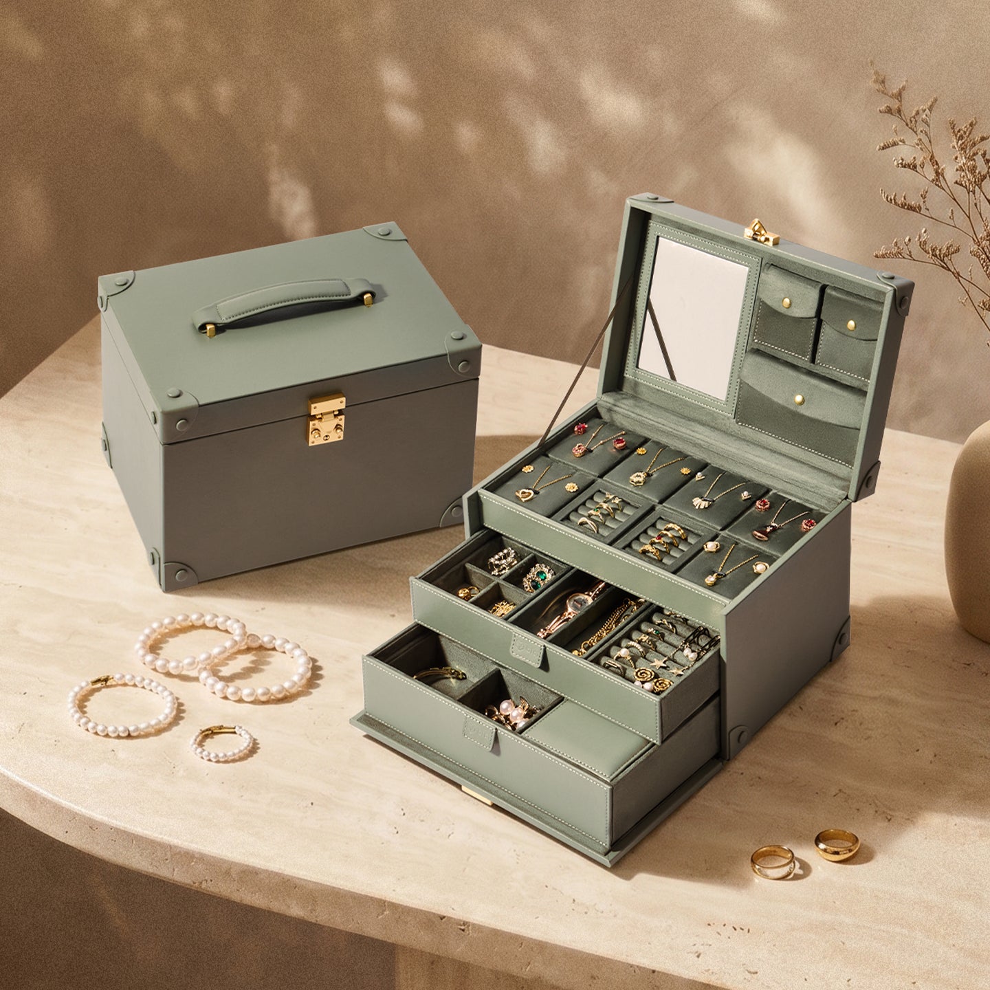 Casegrace Vintage Huge Jewelry Case, Built-in Mirror, With Modular Travel Jewelry Organizer