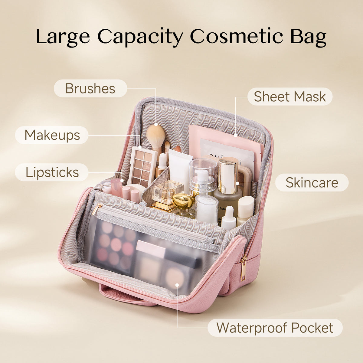 CASEGRACE Portable Handle Travel Makeup Bag, Magnetic Foldable PU Cosmetic Organizer with Waterproof Zipper Pocket