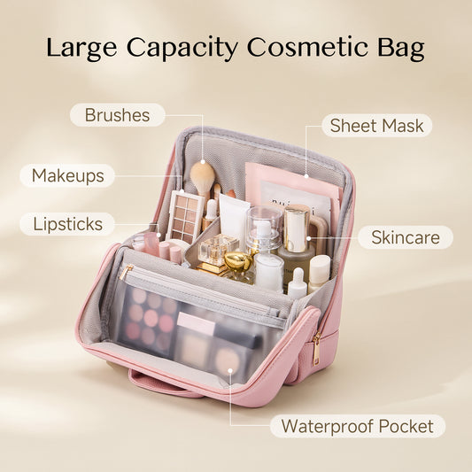 CASEGRACE Portable Handle Travel Makeup Bag, Magnetic Foldable PU Cosmetic Organizer with Waterproof Zipper Pocket