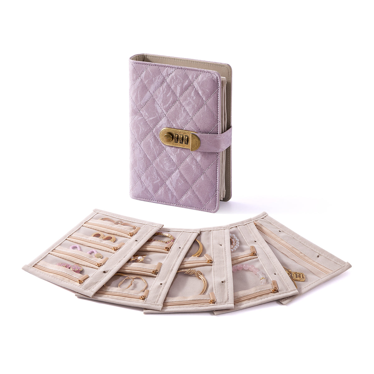 CASEGRACE Quilted PU Leather Jewelry Binder Book with Combination Lock, Removable Zipper Pouches Travel Jewelry Organizer