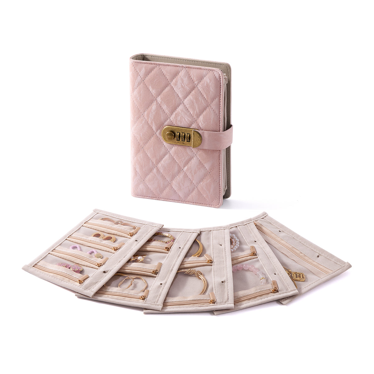 CASEGRACE Quilted PU Leather Jewelry Binder Book with Combination Lock, Removable Zipper Pouches Travel Jewelry Organizer