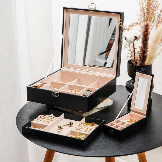 Casegrace 3-in-1 Large Jewelry Storage Box, Detachable Tray, Built-in Mirror, with Key