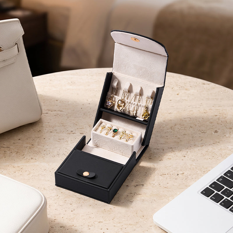 Casegrace Tri‑Fold Portable Handle Travel Jewelry Box, PU Leather Jewelry Organizer