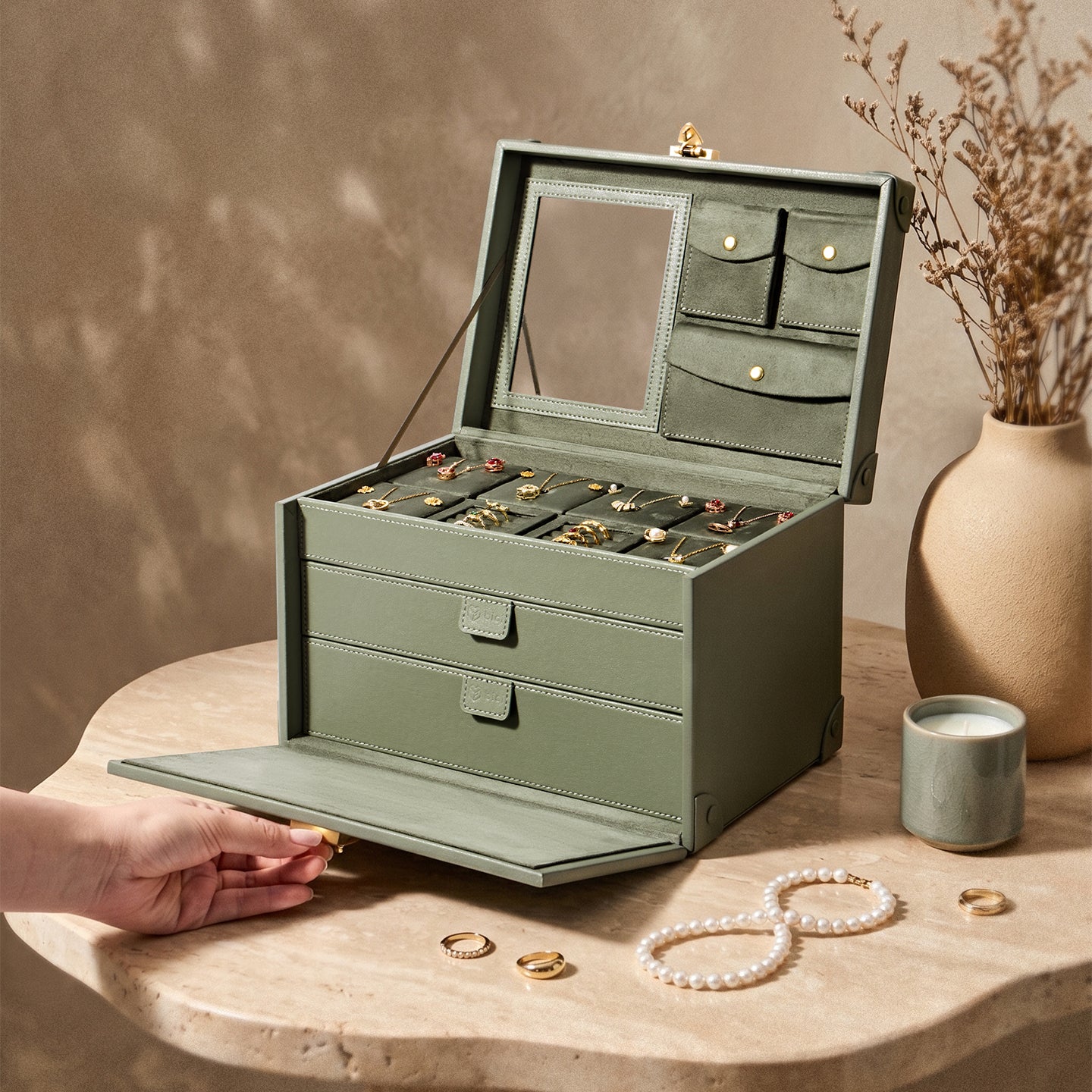 Casegrace Vintage Huge Jewelry Case, Built-in Mirror, With Modular Travel Jewelry Organizer