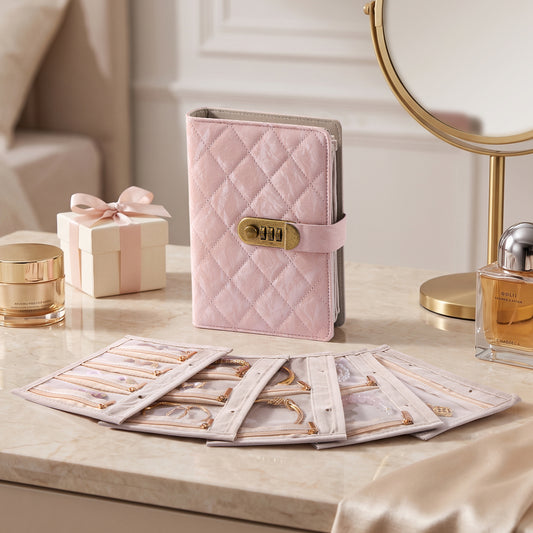 CASEGRACE Quilted PU Leather Jewelry Binder Book with Combination Lock, Removable Zipper Pouches Travel Jewelry Organizer