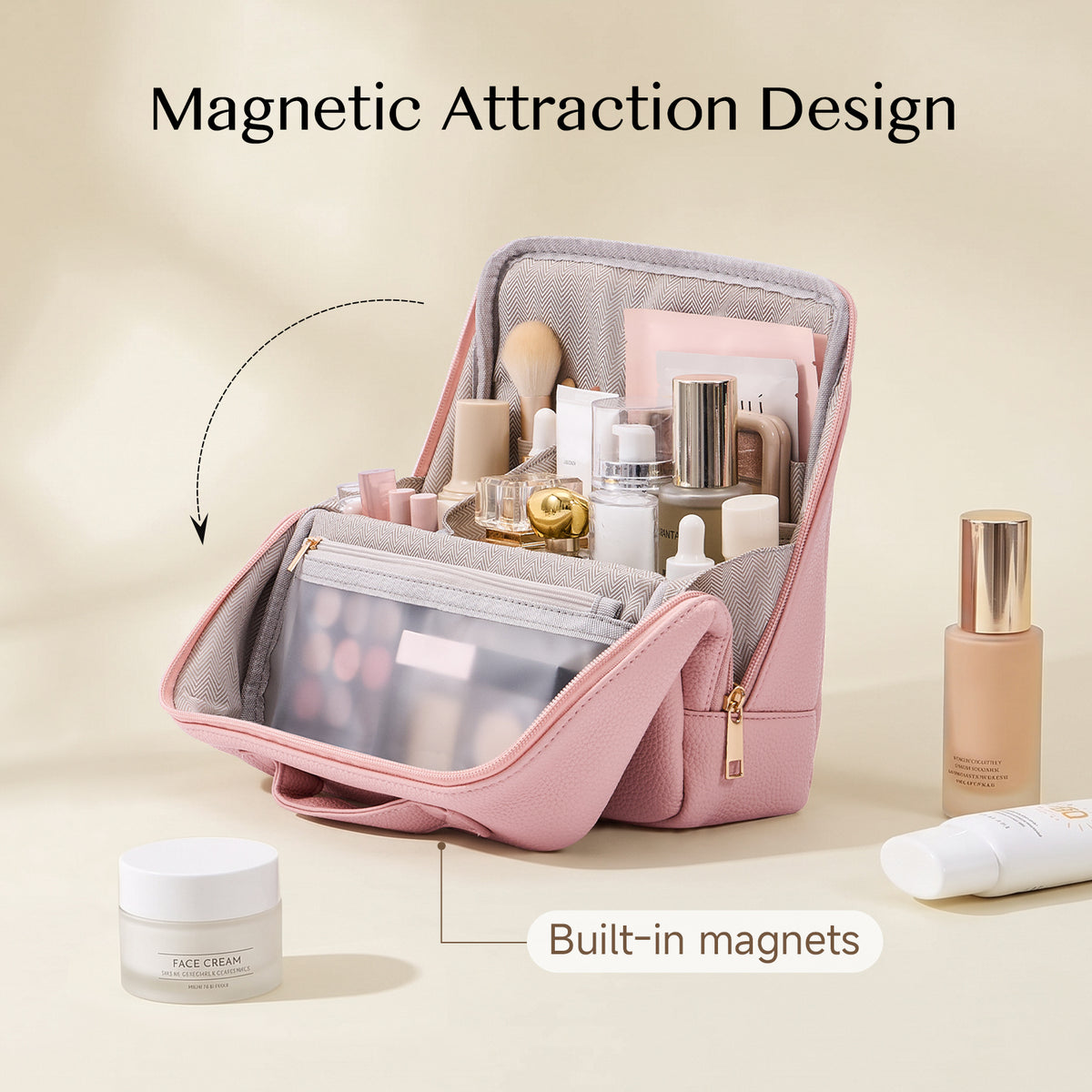 CASEGRACE Portable Handle Travel Makeup Bag, Magnetic Foldable PU Cosmetic Organizer with Waterproof Zipper Pocket