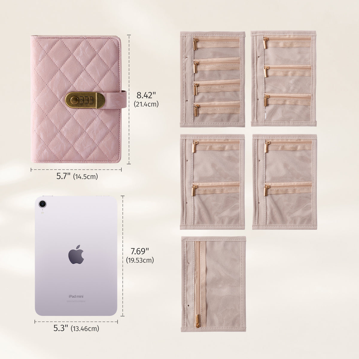 CASEGRACE Quilted PU Leather Jewelry Binder Book with Combination Lock, Removable Zipper Pouches Travel Jewelry Organizer