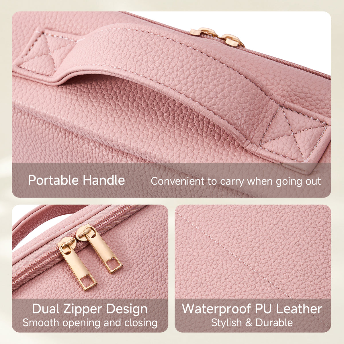 CASEGRACE Portable Handle Travel Makeup Bag, Magnetic Foldable PU Cosmetic Organizer with Waterproof Zipper Pocket