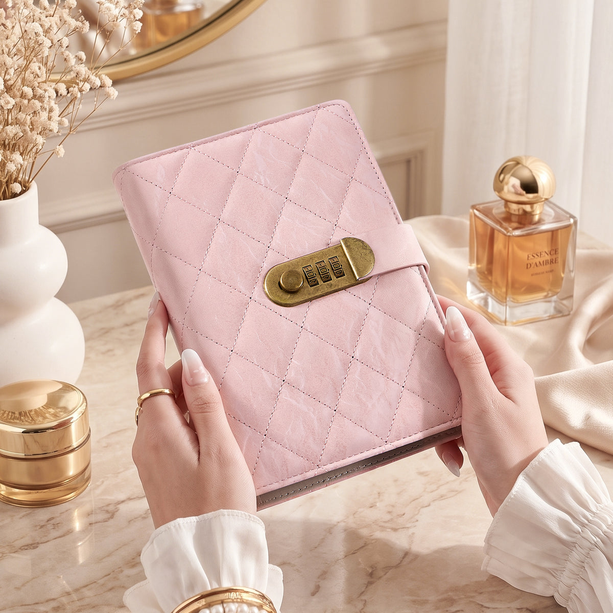 CASEGRACE Quilted PU Leather Jewelry Binder Book with Combination Lock, Removable Zipper Pouches Travel Jewelry Organizer