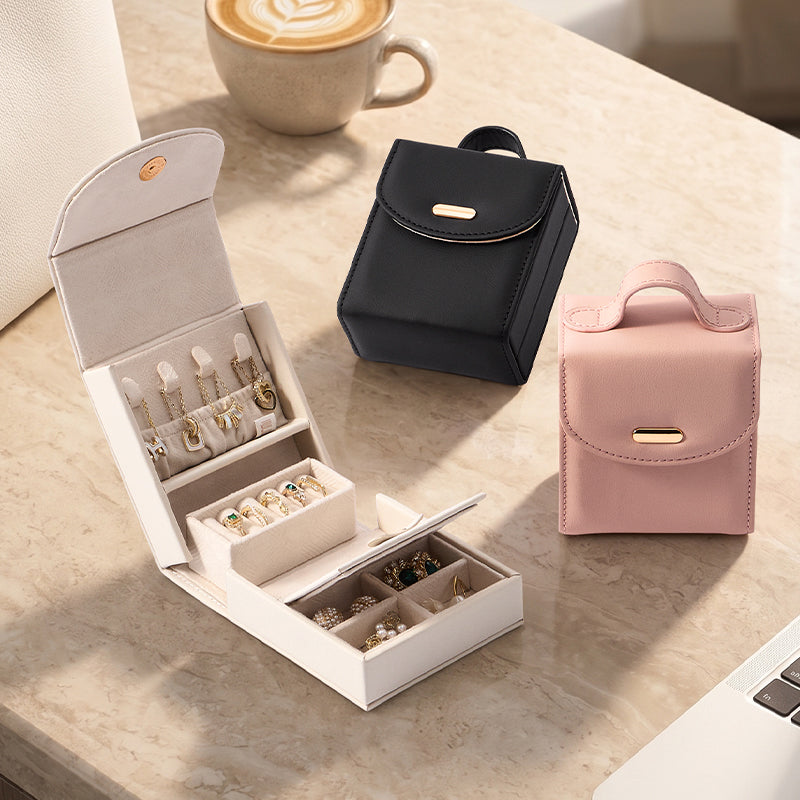 Casegrace Tri‑Fold Portable Handle Travel Jewelry Box, PU Leather Jewelry Organizer