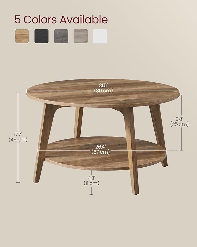 Round Coffee Table, 2-Tier Center Table with Storage, Tapered Legs, Curved Transitions